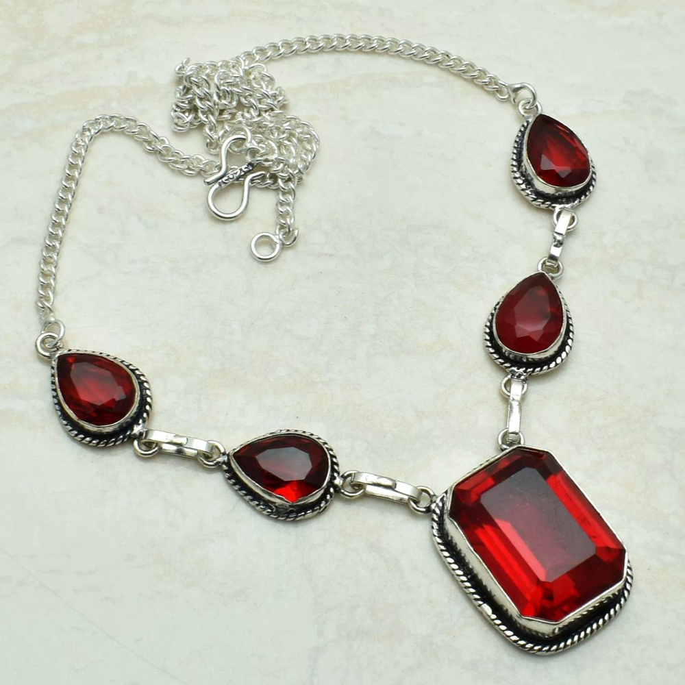 Women's Red Garnet and 925 Silver Plated Necklace NEW - Large Gemstones